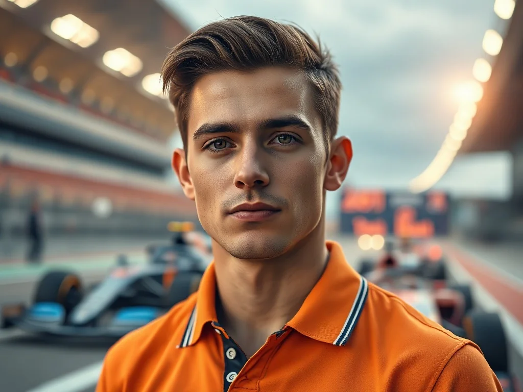 Portret Oscara Piastriego w koszulce zespołu wyścigowego na tle bolidu Formuły 1.