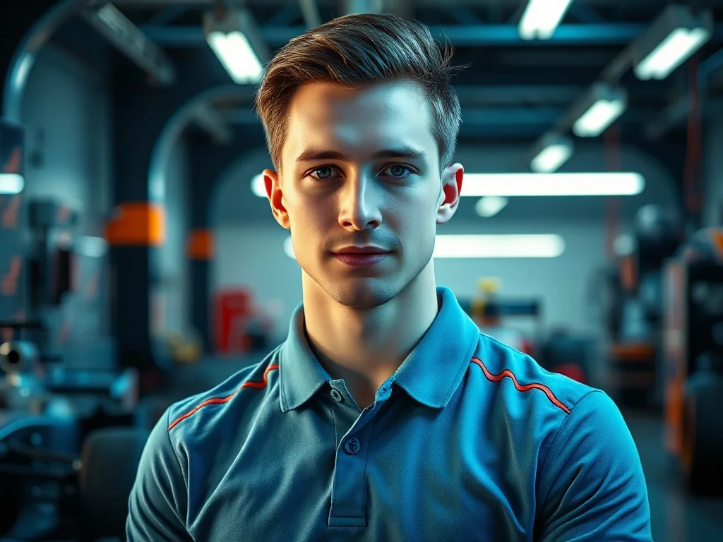 George Russell w stroju zespołu wyścigowego, stojący w nowoczesnym garażu Formuły 1.