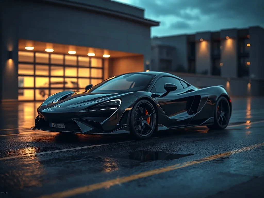 Nowoczesny McLaren zaparkowany na mokrym asfalcie o zmierzchu, podkreślający luksusowy charakter i design sportowego auta.