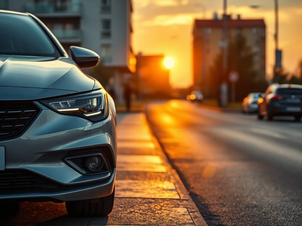 Srebrny Opel Astra H zaparkowany na nowoczesnej ulicy w świetle zachodzącego słońca, podkreślającym aerodynamiczne linie auta.