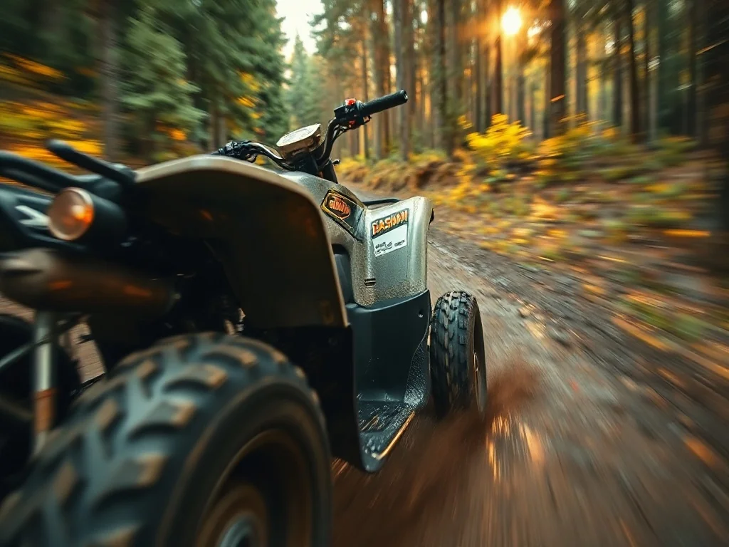 Quad Bashan 250 pędzący przez błotnistą leśną ścieżkę w jesiennej scenerii. Dynamiczne ujęcie podkreślające terenowe możliwości pojazdu.