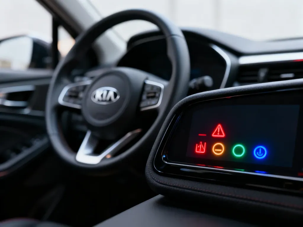 Podświetlone kontrolki na desce rozdzielczej samochodu Kia Sportage, sygnalizujące statusy i ostrzeżenia pojazdu.