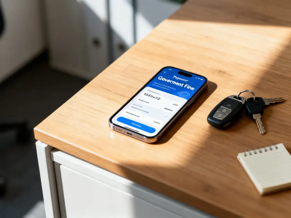Smartfon z otwartą stroną płatności za mandat leżący na biurku obok kluczyków samochodowych.