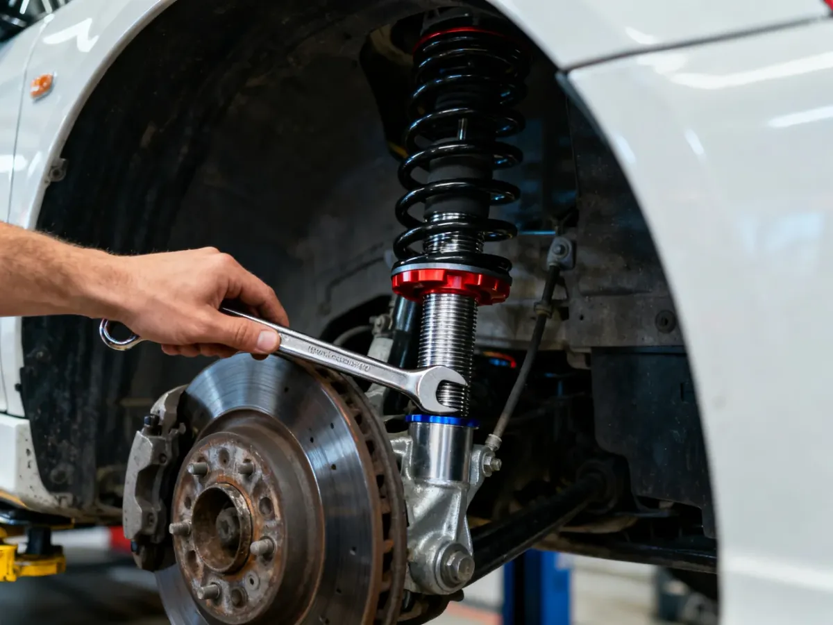 Mechanik reguluje gwintowane zawieszenie samochodu za pomocą klucza