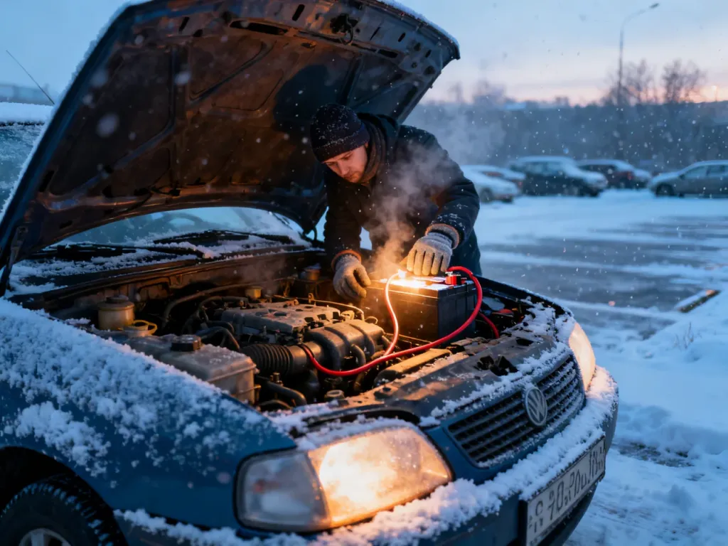 Kierowca w zimowej odzieży podłącza kable rozruchowe do akumulatora w zaśnieżonym samochodzie z otwartą maską.