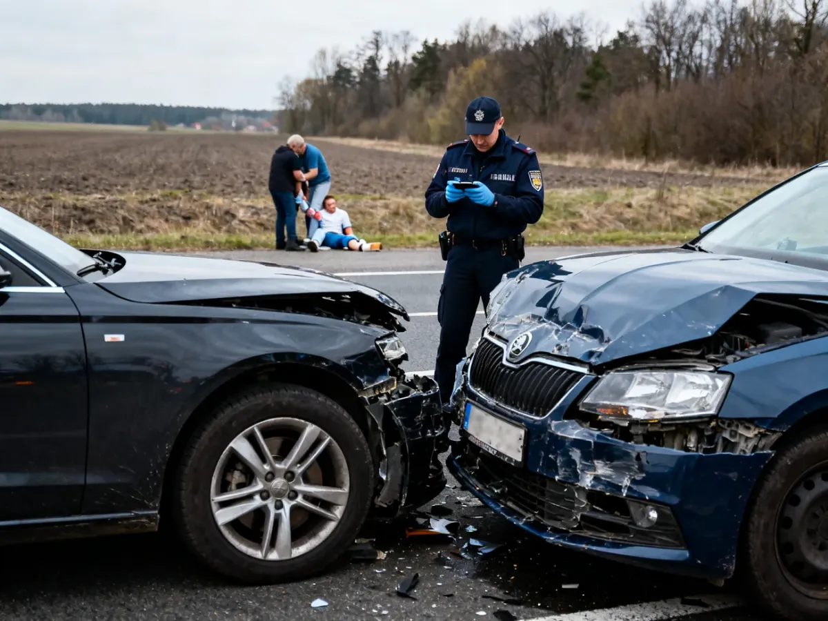 Policjant dokumentujący miejsce kolizji dwóch samochodów