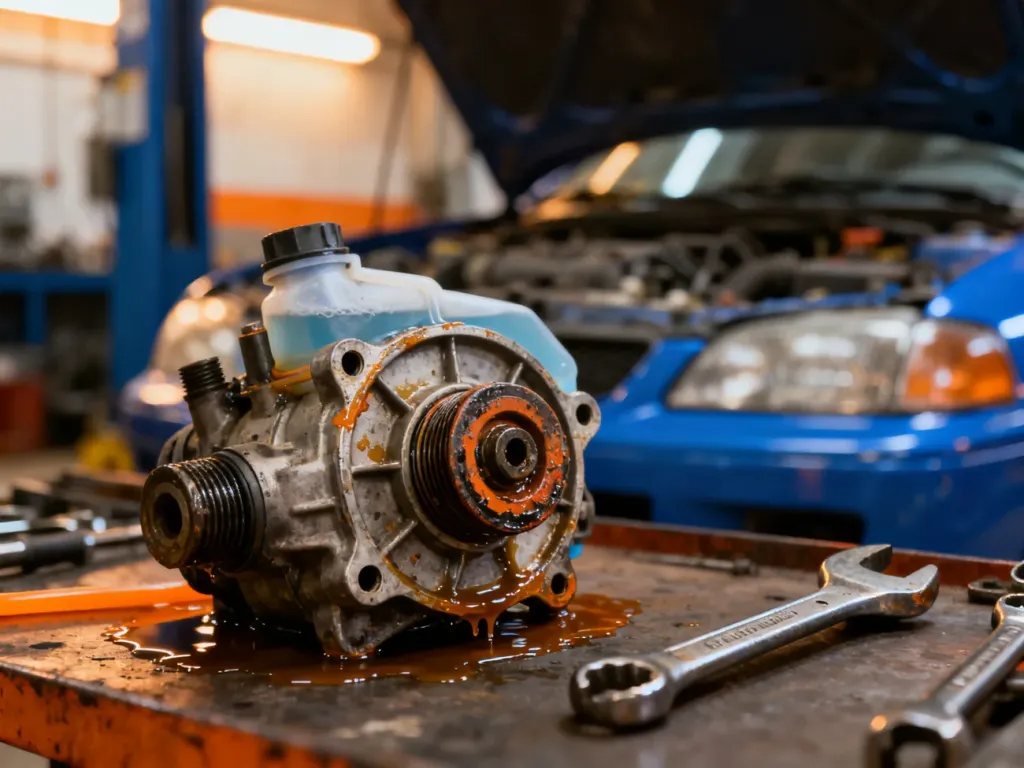 Uszkodzona pompa wody z widocznymi śladami wycieku płynu chłodniczego oraz narzędzia mechanika na stole warsztatowym.