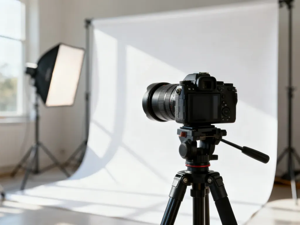 Profesjonalny aparat na statywie w studiu fotograficznym, gotowy do wykonania zdjęcia do prawa jazdy.