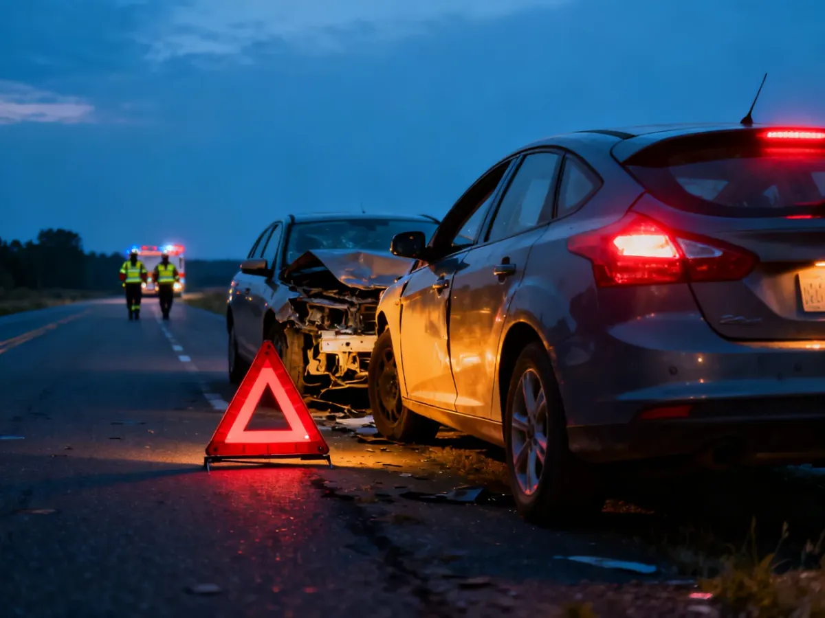 Miejsce kolizji zabezpieczone trójkątem ostrzegawczym i światłami awaryjnymi