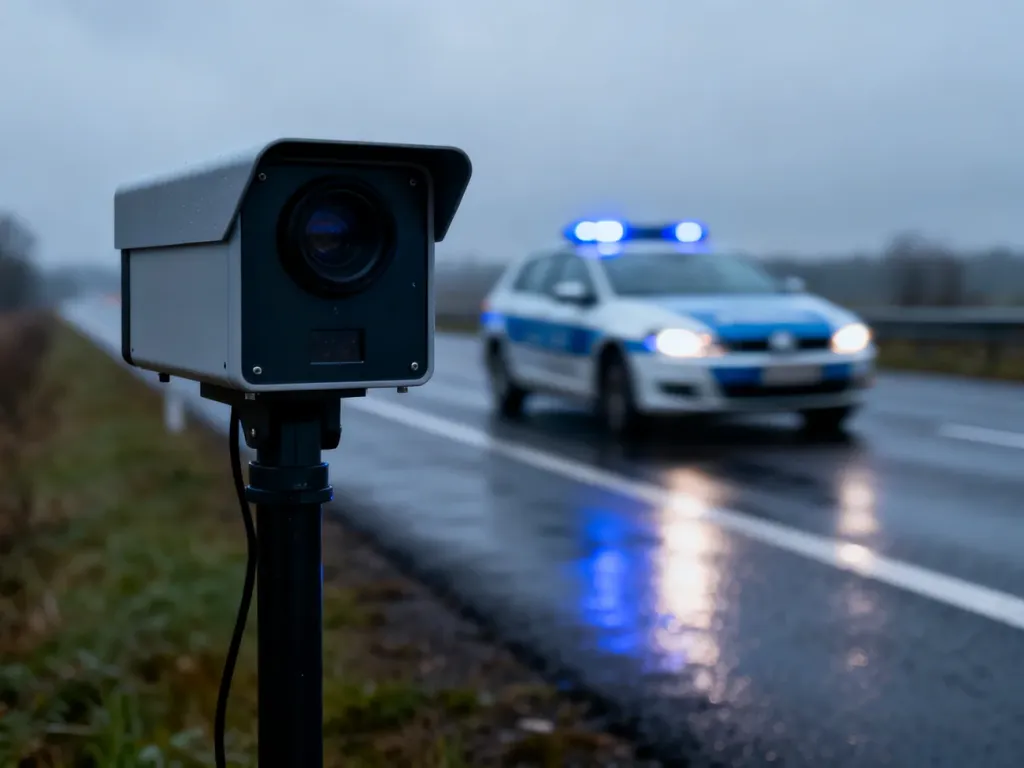 Fotoradar przy drodze w pochmurny dzień, a w tle rozmyty radiowóz z włączonymi niebieskimi światłami.