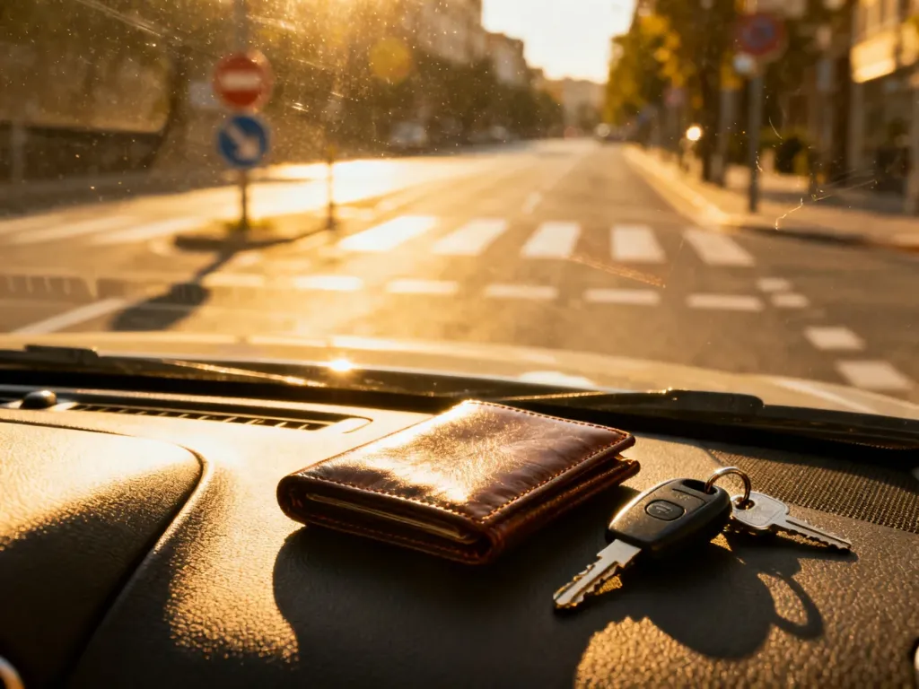 Wnętrze nowoczesnego samochodu z kluczykami i portfelem na siedzeniu pasażera oraz widokiem na miejską ulicę.