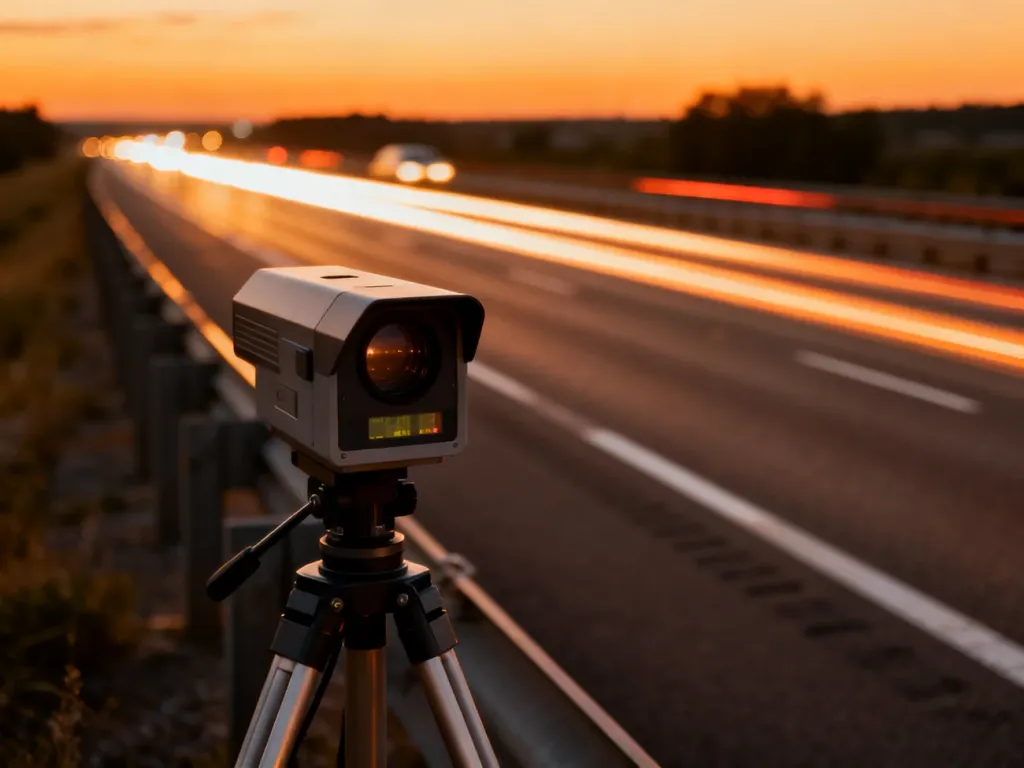 Nowoczesny fotoradar ustawiony przy autostradzie o zachodzie słońca, rejestrujący prędkość przejeżdżających pojazdów.