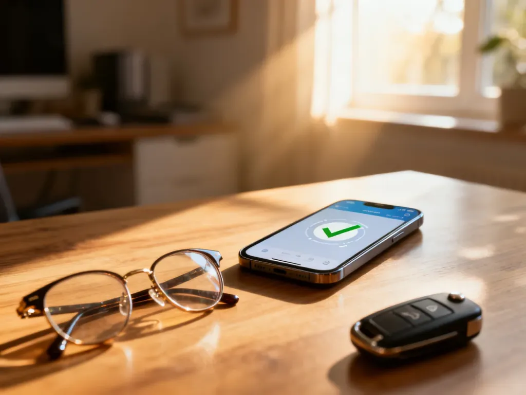 Smartfon z ikoną weryfikacji punktów karnych na ekranie, leżący na biurku obok kluczyków samochodowych i okularów.