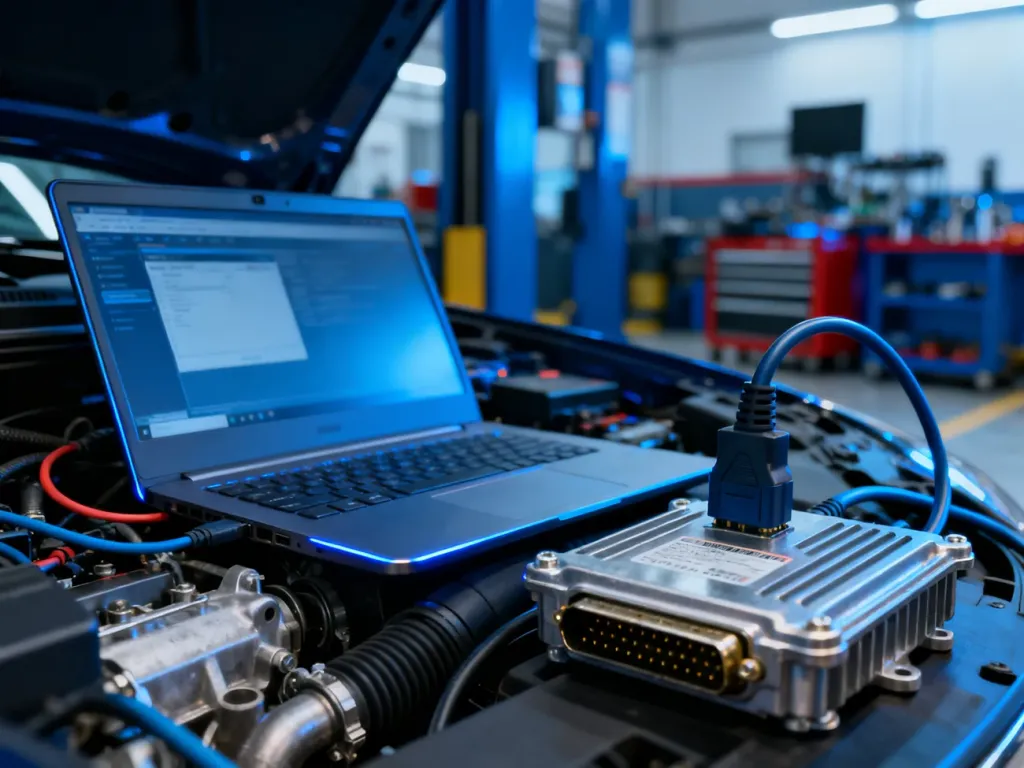 Laptop diagnostyczny podłączony do sterownika silnika w profesjonalnym warsztacie samochodowym podczas chiptuningu.