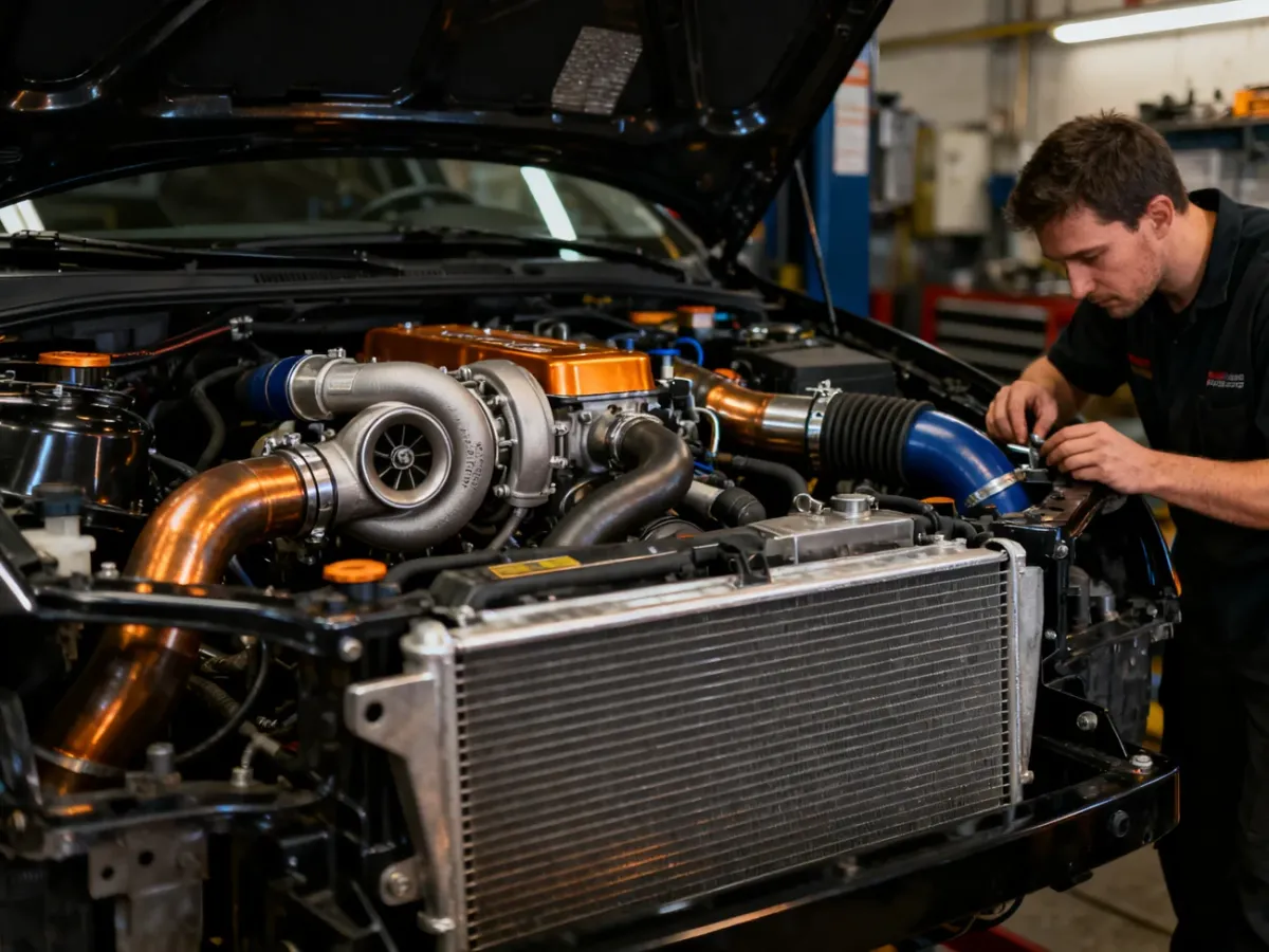 Mechanik sprawdzający turbosprężarkę i osprzęt silnika po tuningu