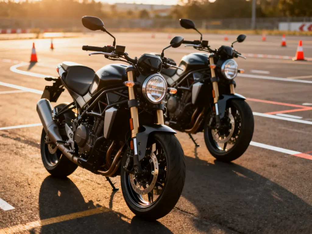 Dwa nowoczesne motocykle zaparkowane na placu manewrowym szkoły jazdy, przygotowane do szkolenia kursantów.