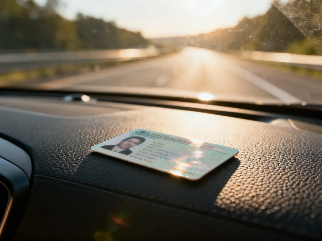 Prawo jazdy leżące na desce rozdzielczej samochodu z widokiem na słoneczną autostradę w tle.