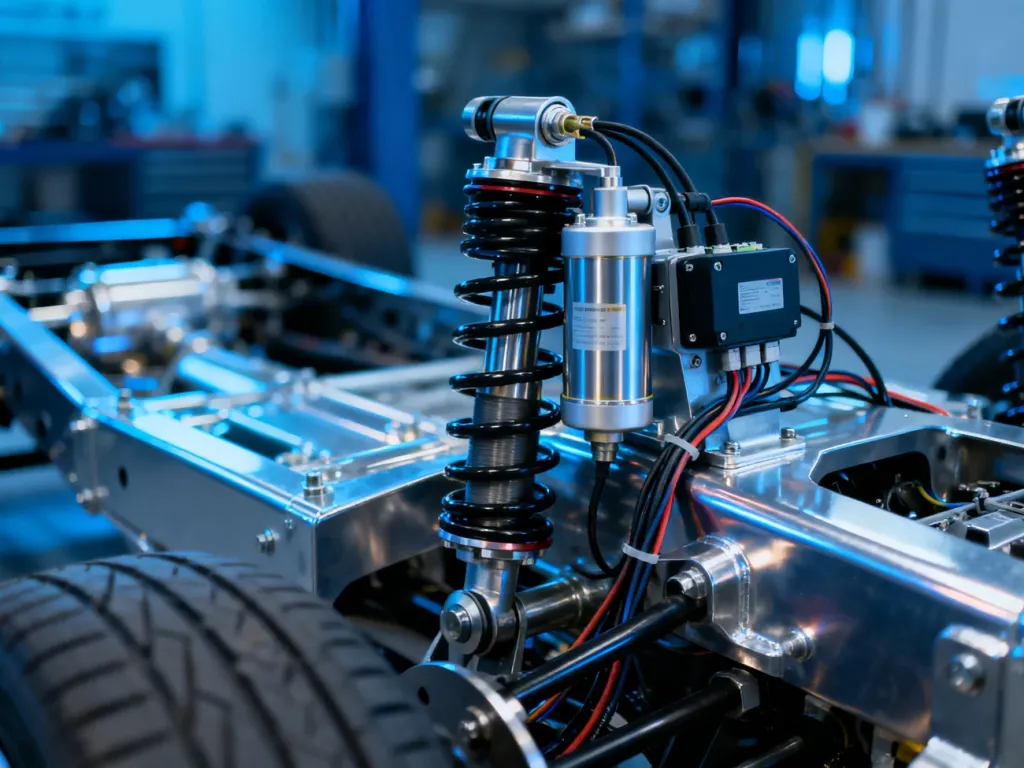 Zbliżenie na zaawansowany system zawieszenia aktywnego z hydraulicznymi siłownikami i czujnikami elektronicznymi.